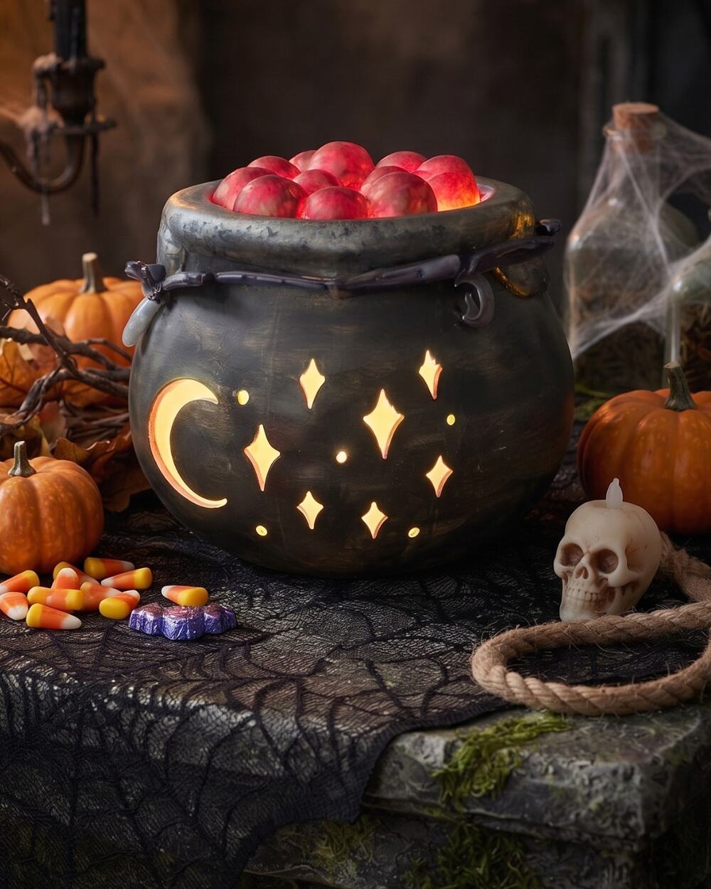 Hand-Crafted & Painted Illuminated Witch's Cauldron Moon Charms & Abalone Collar